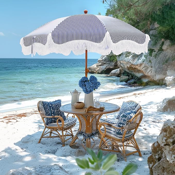 Sophia & William 7ft Outdoor Beach Umbrellas with Fringe, Portable Tilt Umbrellas for Sand, Patio, Lawn, Garden, Pool, Outing, Balcony