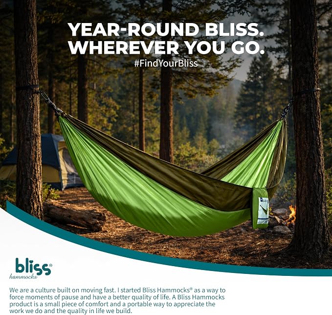 Bliss Hammocks Hammock in a Bag with Tree Straps and Carabiner Hooks, Nylon Hammock for Camping and Outdoor Use, 350 Lb Capacity, Forest Green