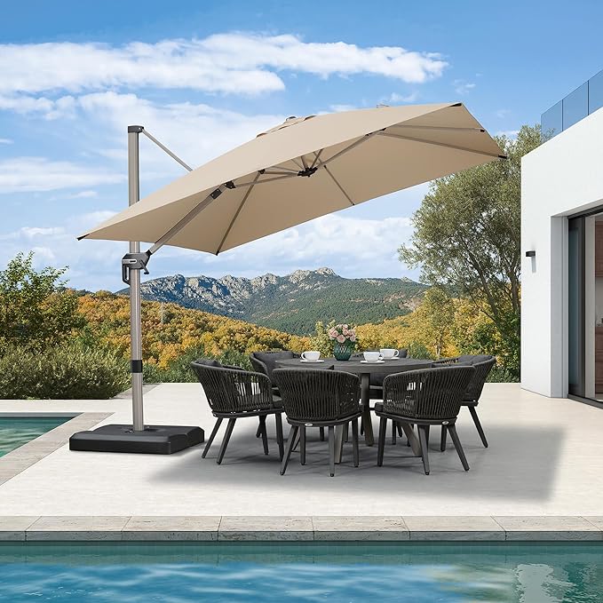 PURPLE LEAF 10’ X 10‘ Patio Umbrella Outdoor Cantilever Umbrella, Aluminum Offset Umbrella with Champagne Frame and 360° Rotation for Pool Deck Garden, Beige