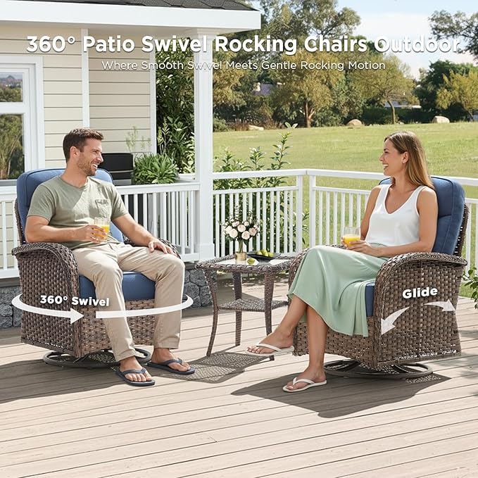 Luxury Outdoor Patio Furniture Set with 6-Inch Thick Cushions, 9 Pieces Wicker Outdoor Furniture with High Back Swivel Patio Chairs Set of 4, Outdoor Patio Conversation Set for Deck Garden, Blue