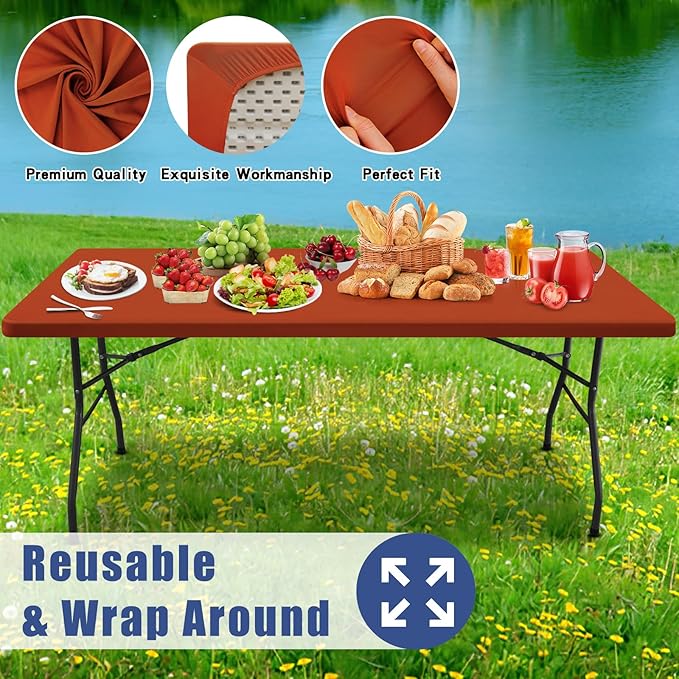 Moosfor Spandex 4 Foot Rectangle Thanksgiving Table Cloth 2 Pack, Elastic Fitted Tablecloths for Picnic, Stretch Washable Patio Table Cover for Outdoor, Camping, Banquet and Parties (Rust, 30"x48")