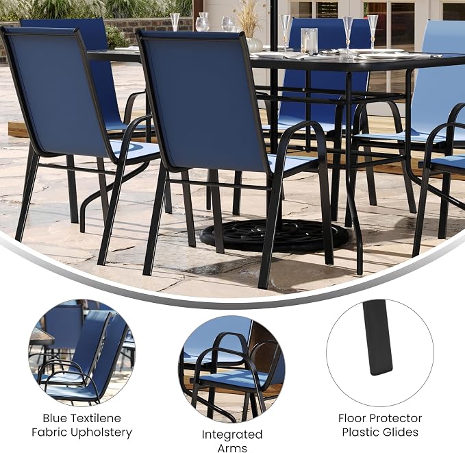 EMMA + OLIVER Seven Piece Indoor/Outdoor Dining Set - Metal Table with Tempered Glass Top - Six Navy Flex Comfort Chairs- Umbrella Hole - All Weather