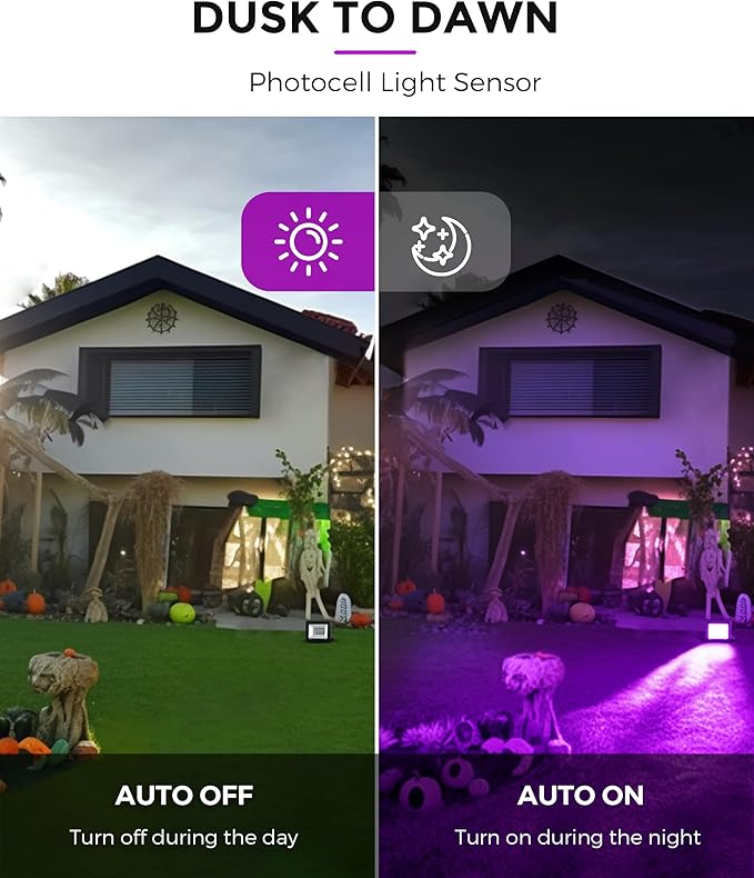 L LOHAS LED Purple Christmas Halloween Flood Light Outdoor, 𝑨𝒖𝒕𝒐 𝑶𝑵/𝑶𝑭𝑭 50W Plug in Flood Light, IP66 Waterproof 2300lm Outdoor Lights for Yard, Garage, Party, UL Listed