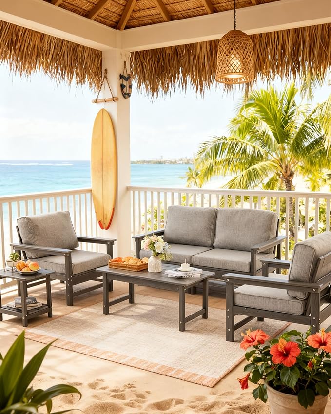 HDPE Outdoor Patio Furniture Set with Cushions, 6 Piece Patio Conversation Set Sofa Set,All Weather Outdoor Couch Set with Coffee Table for Lawn, Garden, Deck