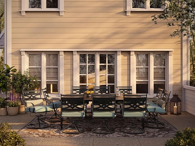 Hanover Montclair 11-Piece Patio Dining Set with 10 Swivel Rocker Chairs, Accent Lumbar Pillows and 84"x60" Steel Stamped Rectangular Table, Large Outdoor Patio Dining Set for 10, Ocean Blue