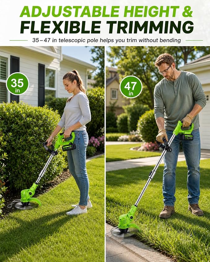 Cordless Weed Wacker with Wheels, 880W Electric Weed Eater with 2 x Batteries, 3-in-1 Battery Powered Grass Trimmer/Brush Cutter with 5 Types Saw Blades, Lightweight for Lawn & Garden
