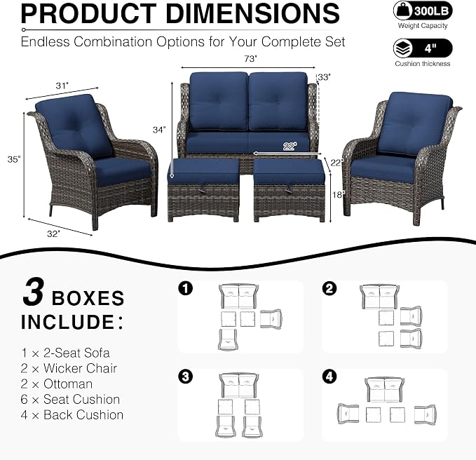 Joyside 5 Piece Wicker Patio Furniture Set, Rattan Patio Chairs with High Back, Deep Seating, Wide Armrest, Thickened Cushions, Outdoor Furniture for Deck, Porch Use