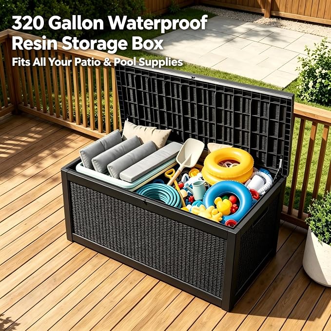 320 Gallon Professional Waterproof Pool Storage Bin, Lockable Outdoor Storage Box with Sturdy Resin, Deck Box for Patio Seat Cushions, Garden Tools, Black