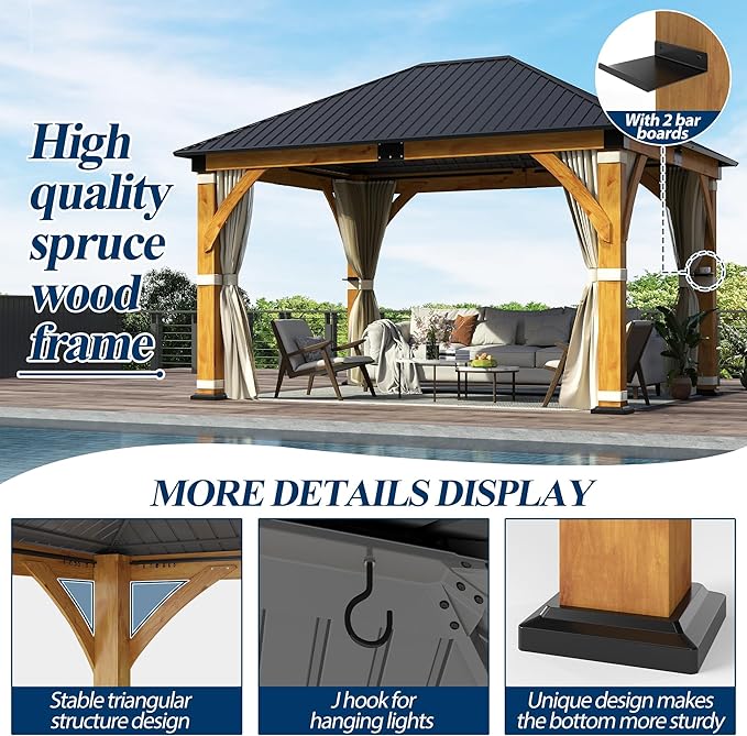 COVERONICS 11' x 13' Outdoor Wood Gazebo with Galvanized Steel Roof, Heavy-Duty Spruce Wood Frame Patio Hardtop Gazebo with Netting & Curtains for Backyard, Deck, Poolside, Garden