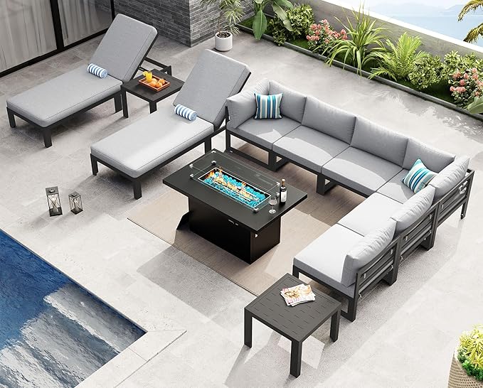 NICESOUL 8 People Large Modern Aluminum Outdoor Sofa with Chaise & Firepit Table, 29" Deep Wide Seat, 500 lbs Durable Sectional Set for Heavy People, Anti-Rust Patio Furniture Set for Deck, Light Grey
