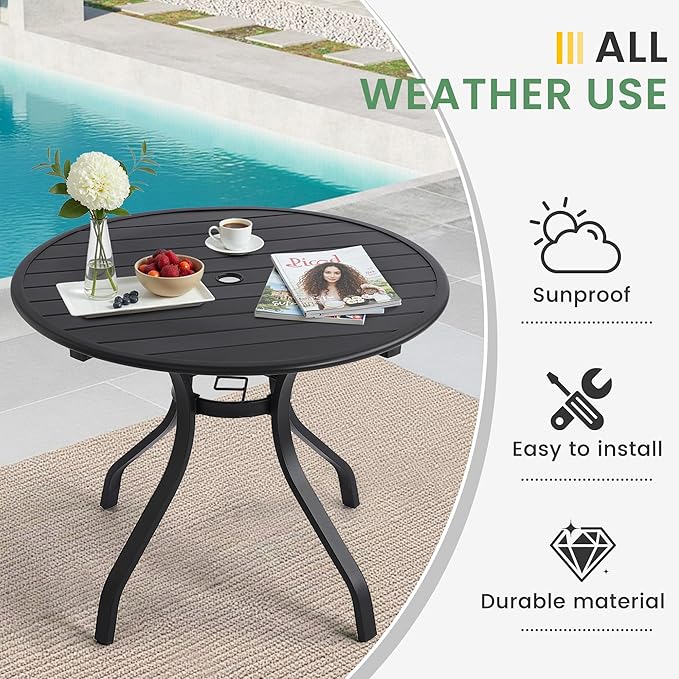 LVUYOYO Outdoor Round Patio Dining Table, Metal Round Table with Umbrella Hole, All-Weather Furniture for Backyard, Garden, Balcony, Porch (Black)