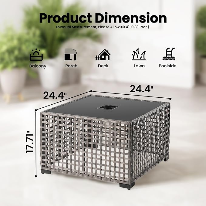 ovios Outdoor Side Table with Tempered Glass Top, Patio Wicker Solar Table, Rattan Bistro End Table for Porch Deck Balcony Garden Poolside, Grey