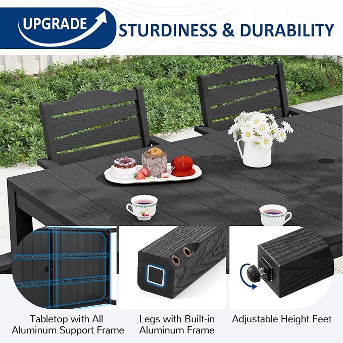 7-Piece Patio Dining Set, 63" Outdoor Dining Rectangle Table w/Aluminum Frame and 6 Chairs, Weatherproof HIPS Dining Furniture with Umbrella Hole, for Backyard Garden Deck Poolside, Black