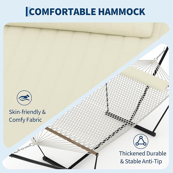 Heavy Duty 2 Person Double Hammock with Portable Adjustable Steel Stand, Outdoor Hammock with Pillow for Patio, Garden, Beach, Backyard Camping