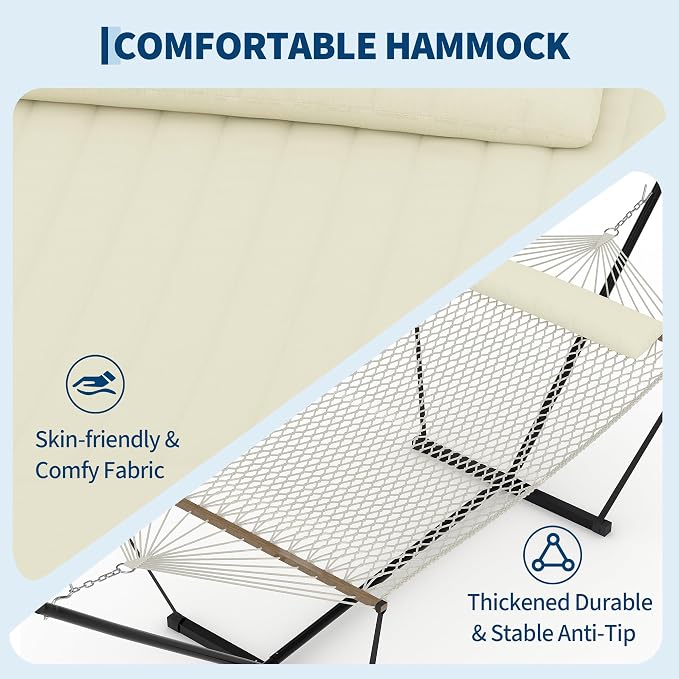 Hammock with Stand for Outside,2 Person Hammock with Heavy-Duty Steel Stand,Soft Fabric,450 LBS Capacity,Carrying Bag,Indoor Outdoor Hammocks for Patio Balcony and Garden,Beige