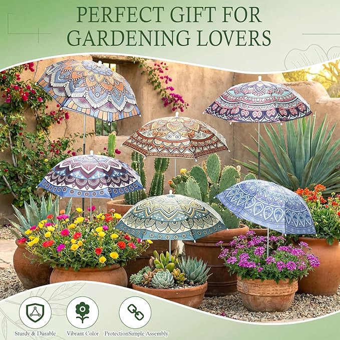 Hillban 6 Pack Plant Shade Umbrellas for Outdoor Plants 23.6" Large Garden Umbrella Shade for Potted Flower with Adjustable 40" H Sunshade Cover for Patio Garden Bed Flowers(Mandala)