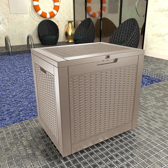 PatioZen 36 Gallon Outdoor Deck Box,Waterproof Resin Outdoor Storage Boxes, Outside Storage Lockable Container for Garden Tools,Indooor Cushions,Accessories (Grey)
