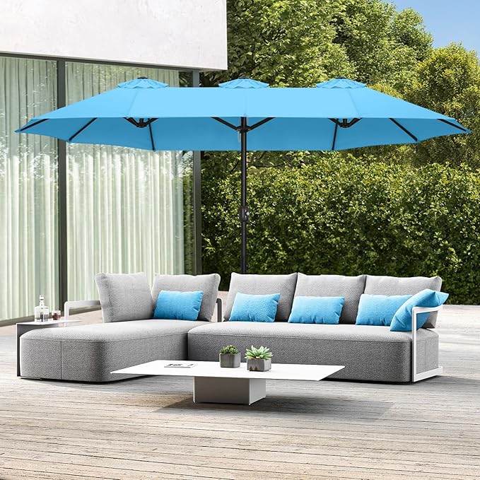 ABCCANOPY 15FT Patio Umbrella with Base, Outdoor Double-Sided Rectangle Umbrella Bonus Latch, Wights for Poolside, Lawn, Backyard (Turquoise)