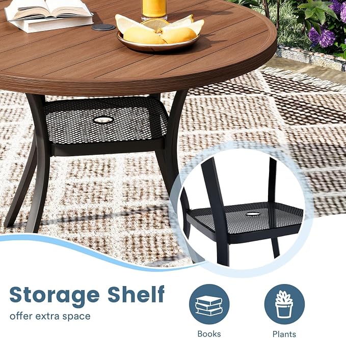 DIFY Patio Round Dining Table, 42" All Weather Round Outdoor Table with 1.57" Umbrella Hole for 4 Person, Perfect for Balcony Garden and Backyard, Walnut