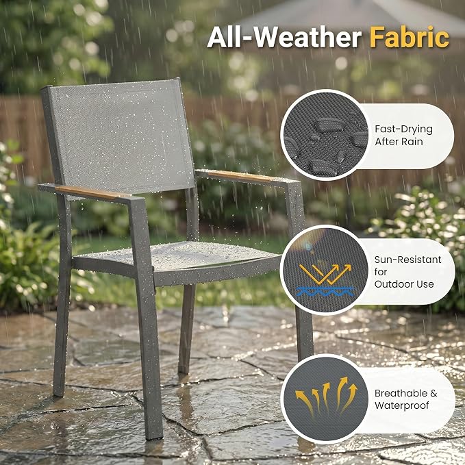 RoyalCraft 9-Piece Outdoor Dining Set with Adjustable Length Dining Table, 75" L×36" W Expandable Patio Table and Chairs Set for 8, Aluminum Stackable Chairs with Quick Drying Fabric for Porch, Grey