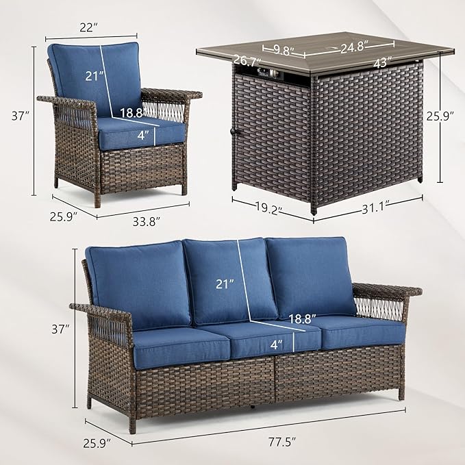 Patio Furniture Set with Fire Pit Table, 4PCS Conversation Set Brown Resin Wicker Chair and Sofa with 41in Rectangular Firepit Table PE Rattan Furniture Set