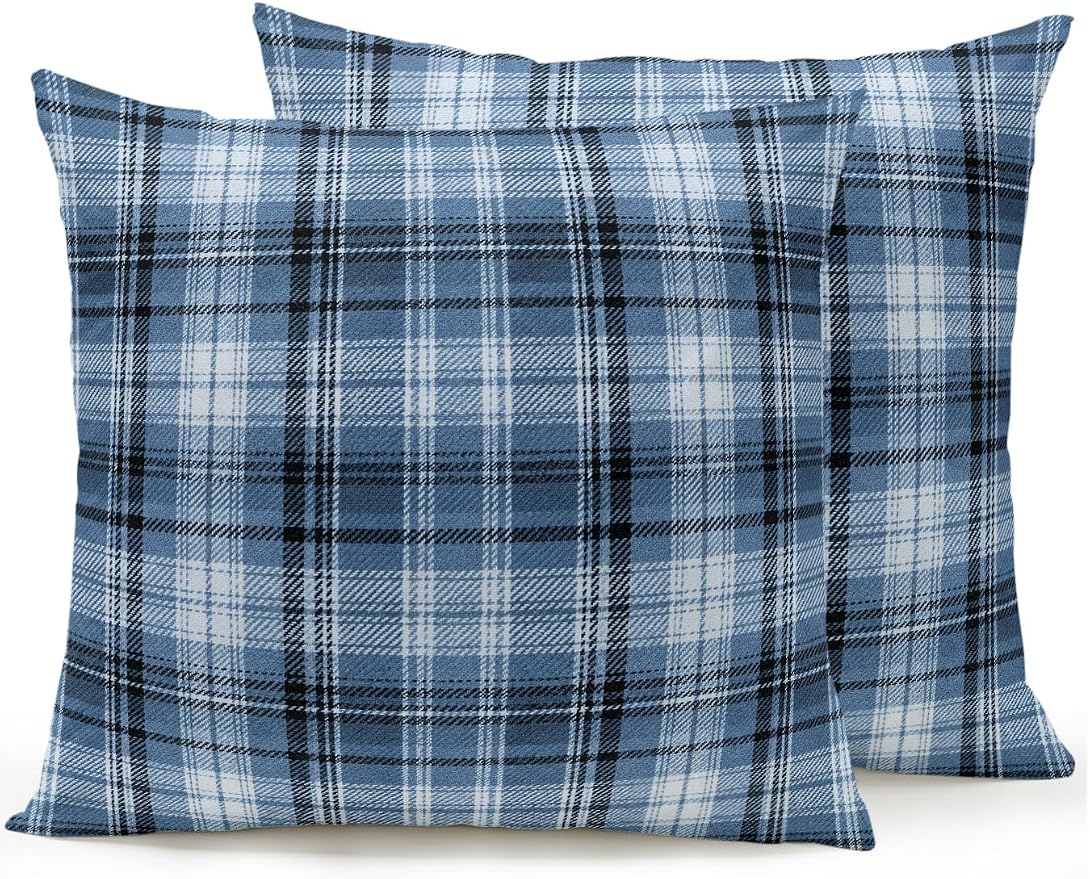 Waterproof Outdoor Pillow Set of 2 Blue Checked Plaid Decorative Throw Pillows Cover & Insert 18x18 Inch Pillowcase Stripes Woven Grid Square Pillows for Couch Sofa Bed Patio Furniture Indoor Outdoor