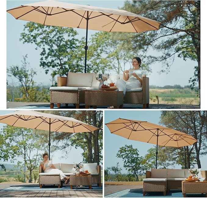 PHI VILLA 13 ft Outdoor Patio Umbrella, Large Rectangular Double Sided Market Table Twin Umbrellas with Crank Handle for Deck Pool(Beige)