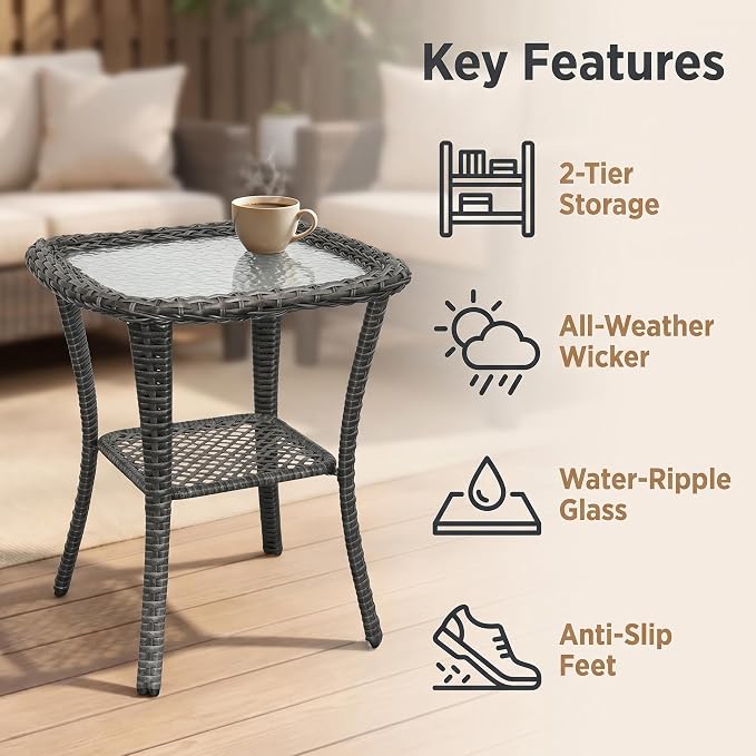 Outdoor Wicker Side Table, Patio End Table with Water-Ripple Tempered Glass Top, Rounded Corners & Floor-Friendly Wrapped Legs, Small Coffee Table for Covered Deck, Balcony, Small Living Room