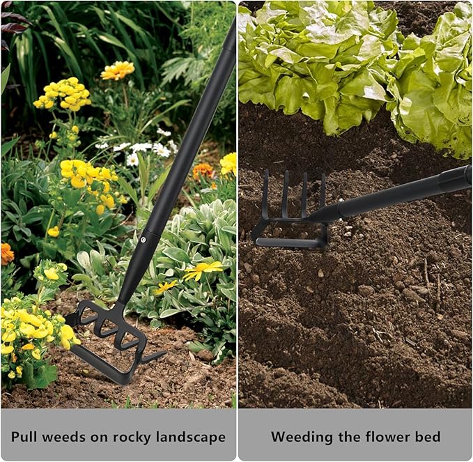 Hoe Garden Tools, 37-49 Inch Gardening Tools for Weeding, Stirrup Hoe Long Handle for Yard Weed Puller, Scuffle Hula Adjustable Weeding Loop Hoe for Lawn, Vegetable, Soil, Planting Black
