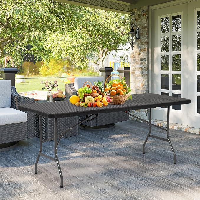 6FT White Folding Table, Portable Collapsible Dinner Table – Indoor/Outdoor Use for Camping, Patio, Yard, Wedding, Party & Cocktail Display, 500LBS (Black Ratten)
