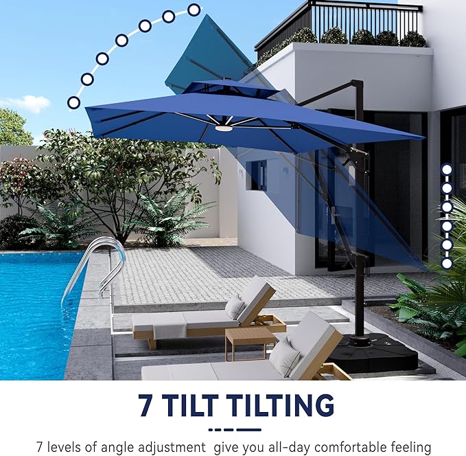 10x13 FT Cantilever Patio Umbrella with Base and Led Lights Double Top Outdoor Rectangular Large Heavy Duty Aluminum Offset Umbrellas with 7 Level Tilt 360-degree Rotation for Pool Garden Deck, Navy