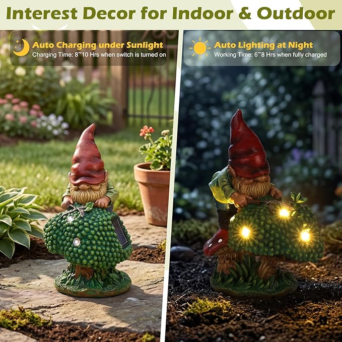 EXYGLO Solar Gnome Garden Statue Decor, 7.4" Gnome Gardener Outdoor Funny Decoration for Lawn, Patio, Yard, and Unique Housewarming, Birthday Ornament Gift for Mother, Friend, Family