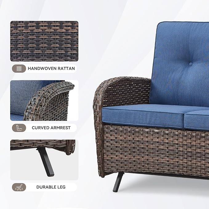 Patio Loveseat Wicker Loveseat Rattan Glider Sofa with Curved Armrest Thicking Back & Seat Cushions for Garden Balcony Backyard Brown Wicker|Blue Cushions (B) Patio Loveseat Glider