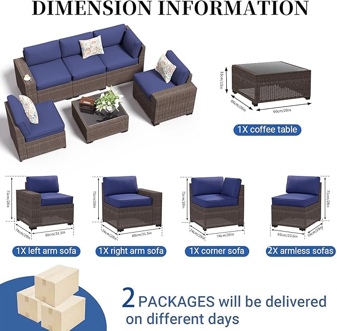 6 Pieces Wide Armrest Patio Furniture Set, Rattan Sectional Furniture with Thickened Cushions, Outdoor Patio Conversation Sets for Backyard, Poolside, Garden, Navy Blue/Brown, Sets of 6