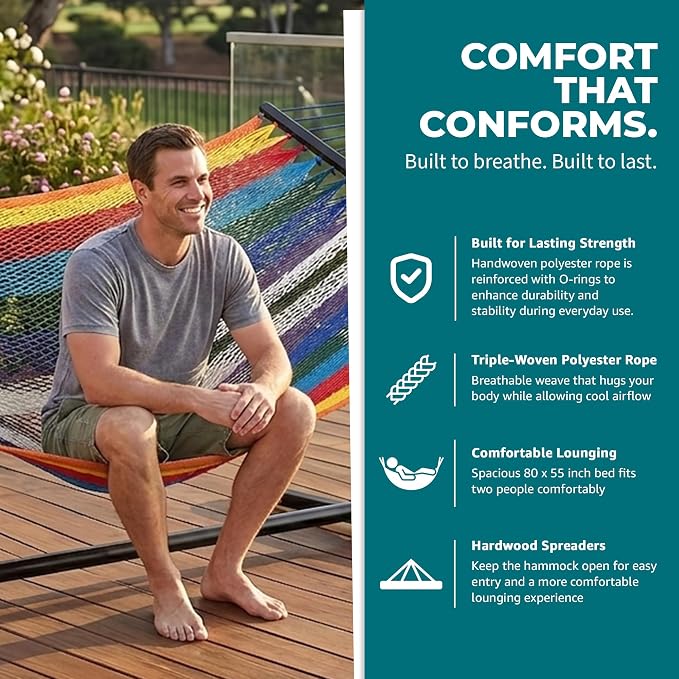 Bliss Hammocks 2-Person Hammock, Weekender 80" x 55" Double Seater Hammock w/Woven Polyester Rope & Wood Spreader Bar - 450 Pound Capacity, Multicolor