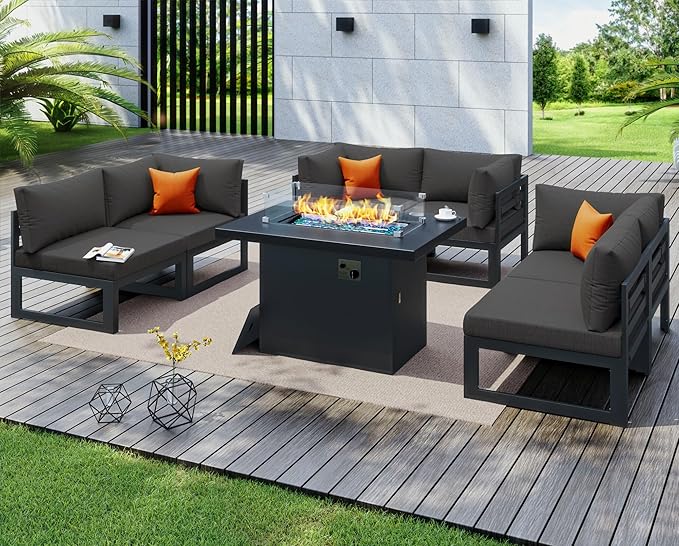 NICESOUL Aluminum Patio Furniture Set with Fire Pit Table Propane/Gas, 6 Seat Large Modular Outdoor Sectional Couch, 29" Deep Seating, Modern L Shaped Conversation Sofa for Backyard Deck, Dark Grey