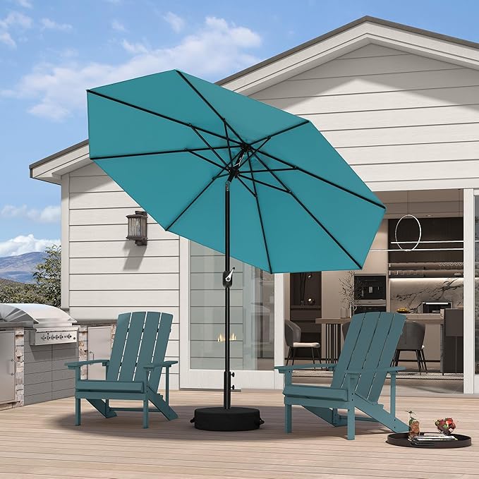 PURPLE LEAF 9' Round Patio Umbrella Outdoor Table Umbrella Aluminum Frame Market Umbrella with 8 Sturdy Ribs & Tilt for Garden Deck Lawn Pool Turquoise Blue