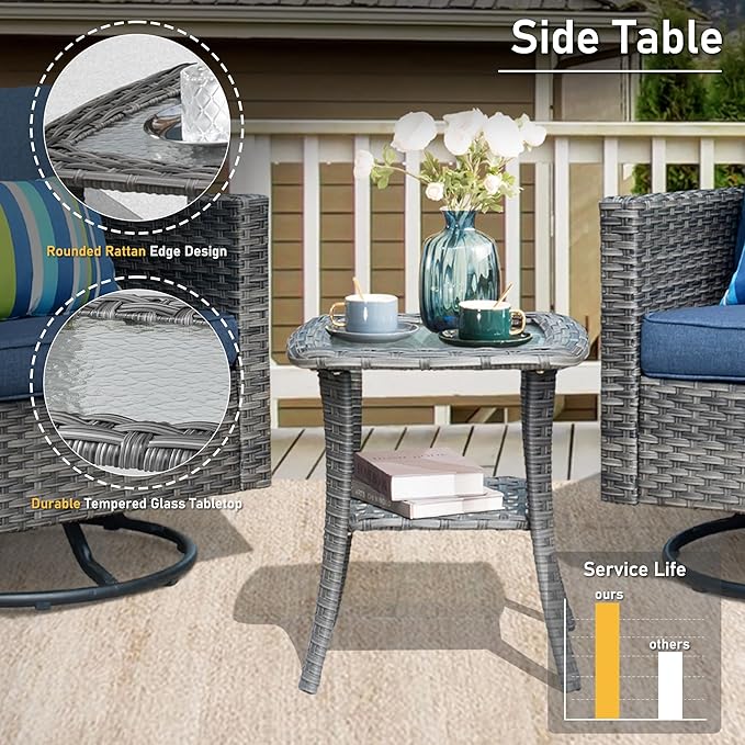 HOOOWOOO Wicker Outdoor Swivel Bistro Set for 2,3 Piece Patio Rocking Chairs and Table,All Weather Resistant Outside Out Door Rattan Rockers Furniture Set,Denim Blue