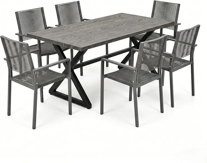 7 Piece Dining Table Set for 6, Aluminum Frame with Ultra Breathable Hollow Woven Rope Armchairs, Wood-Like Tabletop, for Dining Room, Kitchen, Garden, Backyard, Deck & Poolside,Brown