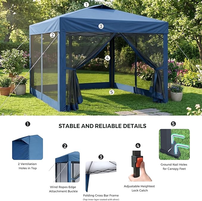 10x10 Pop Up Canopy Tent with Netting,Outdoor Portable Instant Folding Gazebo with 4 Ropes,4 Sandbags and Wheeled Storage Bag,3 Height Positions,Canopy for Patio,Yard,Camping (Blue)