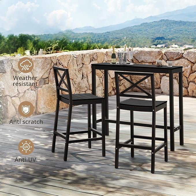 Cozyman Outdoor Bar Table, 45" Patio Bar Height Counter Console Table, Black Waterproof HDPS Slatted Top and Bronze Leg, Weather Resistant, Hot Tub, Balcony, Yard, Indoor or Outdoor Use