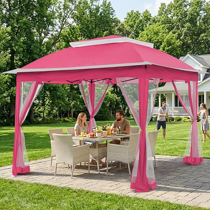 COOS BAY 11x11 Pop Up Gazebo with Mesh Netting, Instant Outdoor Canopy Tent, Water Resistant Shelter with UPF 50+ UV Protection, 121 Sq Ft Coverage, Dark Pink