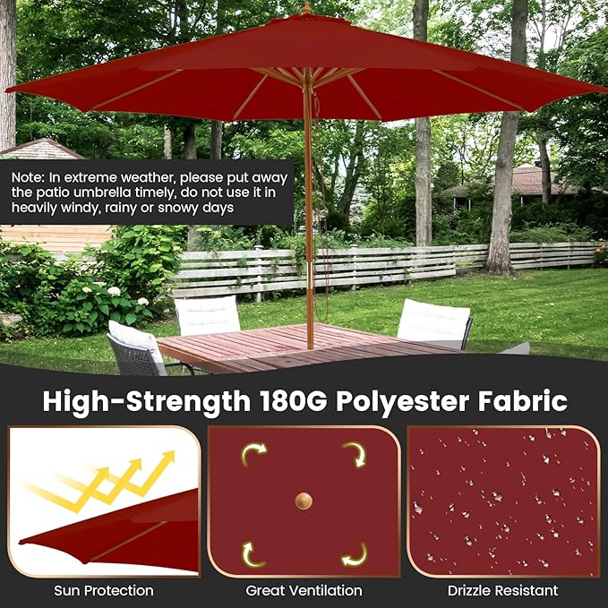 Tangkula 10FT Patio Umbrella, Outdoor Table Market Umbrella w/8 Wooden Ribs, 3 Adjustable Heights, Rope Pulley System, Detachable Pole, Wooden Patio Umbrella for Garden, Poolside, Backyard (Burgundy)