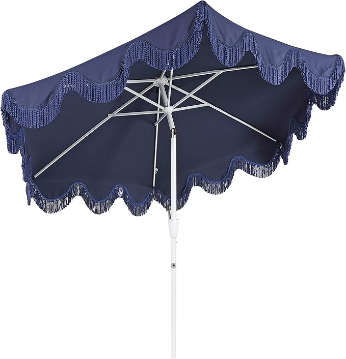 JONATHAN Y UMB1001 Collins 9 ft. Classic Cottage Tassel Market Patio Umbrella with Auto-Tilt, Crank, Wind Vent and UV Protection
