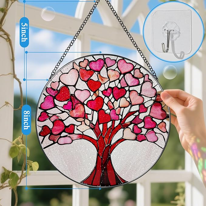 Stained Glass Window Hanging - 8 Inch Love Heart Tree Suncatcher, Sun Catchers Indoor Window | Valentine’s Day, Mother's Day, Christmas, Anniversary, Birthday Gifts for Lover, Wife, Girlfriend, Mom