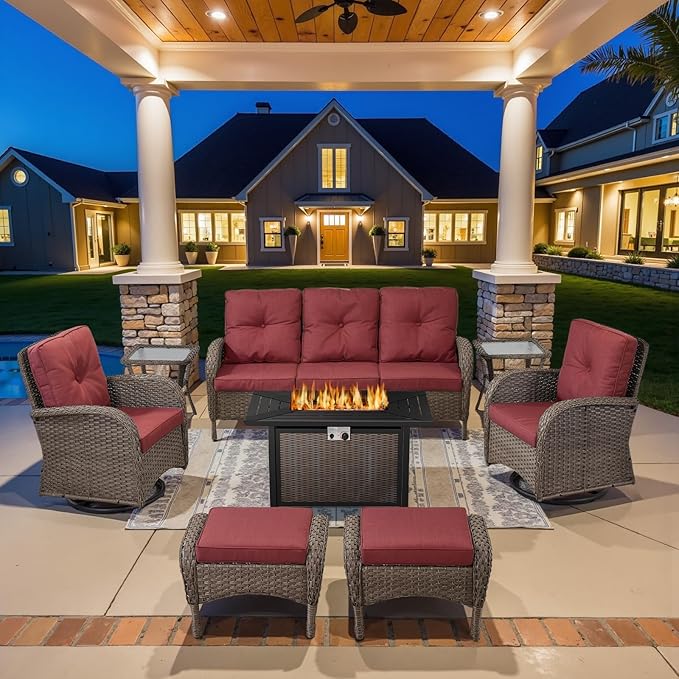 Belord 8 Piece Patio Furniture Set with 43" Fire Pit Table - Wicker Patio Conversation Set with Swivel Rocker Chairs and Sofa for Deck Outside Backyard Gray