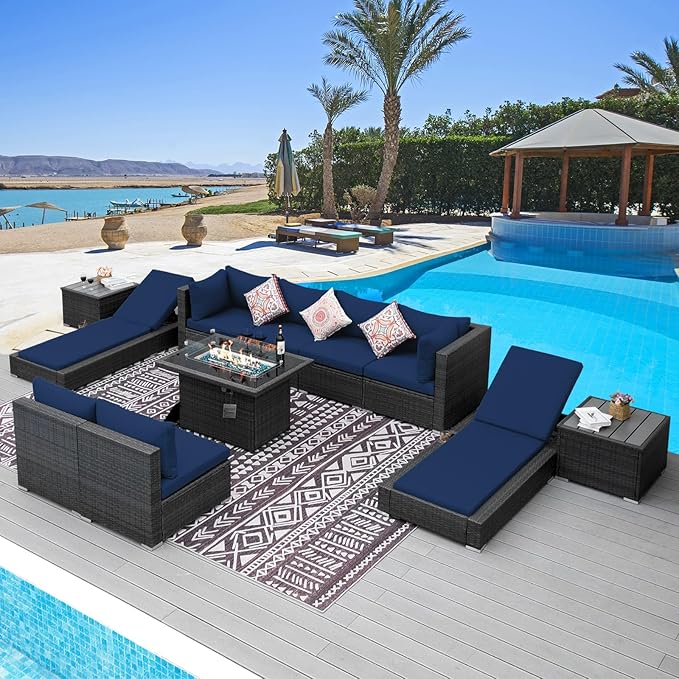 NICESOUL 11 Piece Patio Furniture Set with Fireplace Gas/Propane, 29.3'' High Back Comfortable Rattan Sofa Set w/Chaise Lounge, XL Large Wide Deep Outdoor Sectionals, 2 Color Cushion Navy Blue&Grey