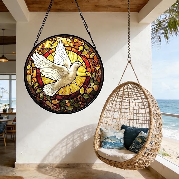 DASTOLL Stained Glass Window Hanging, Flying White Dove Sun Catchers Diamond Glass Panel Hangings Cute Birds Suncatcher Decor for Birthday for Women, Men, Wife, Aunt, and Mom 11.8 in