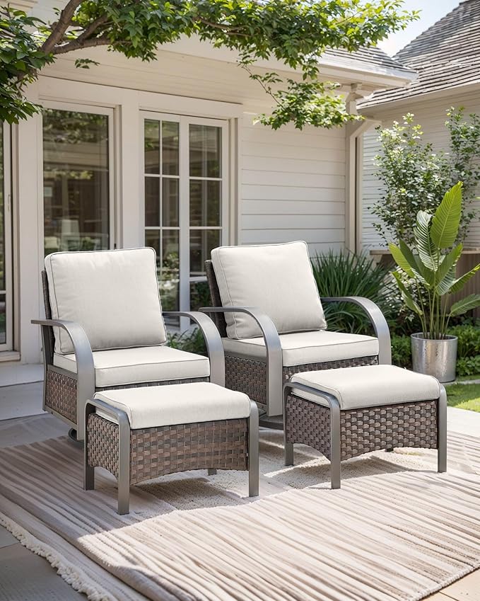 HUMMUH Swivel Rocker Outdoor Chair-High Back Patio Chairs with Ottoman Outdoor Conversation Furniture Sets for Deck Porch Garden Poolside Backyard-Brown/Beige