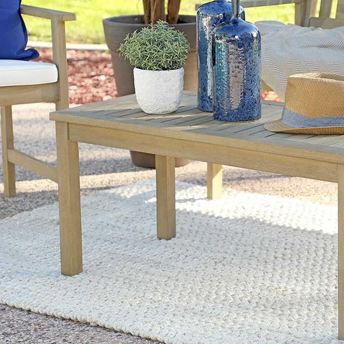 Coaster Home Furnishings Jonah 4 Piece Contemporary Wooden Outdoor Patio Conversation Set with 2 Armchairs, 1 Bench, 1 Table, and Beige Cushions